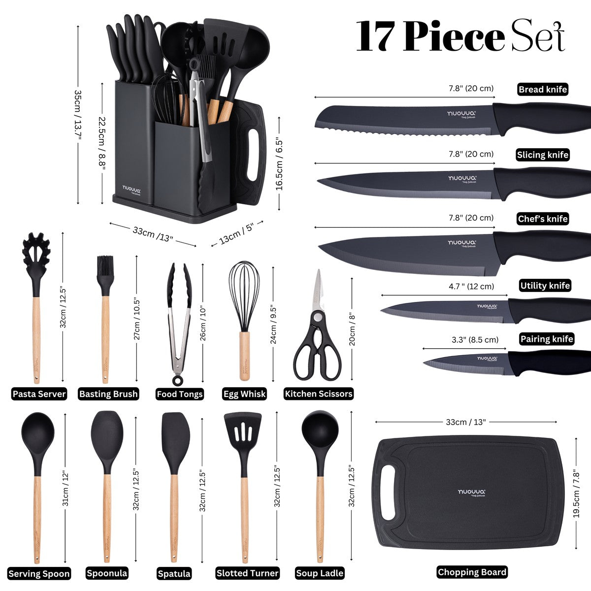 17pcs Black Silicone Kitchen Utensil & Knife Set with Block & Chopping Board