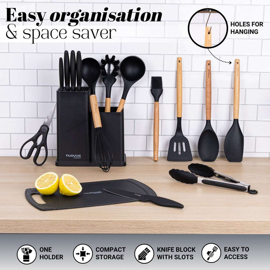 17pcs Black Silicone Kitchen Utensil & Knife Set with Block & Chopping Board