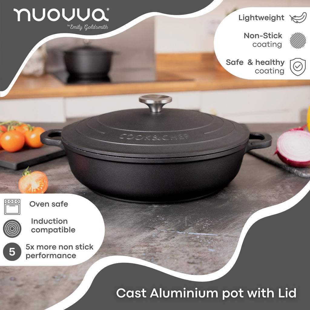 Aluminium Dutch Oven Pot with Lid & Ergonomic Handles Lightweight (3.9L, 22.5cm) Black