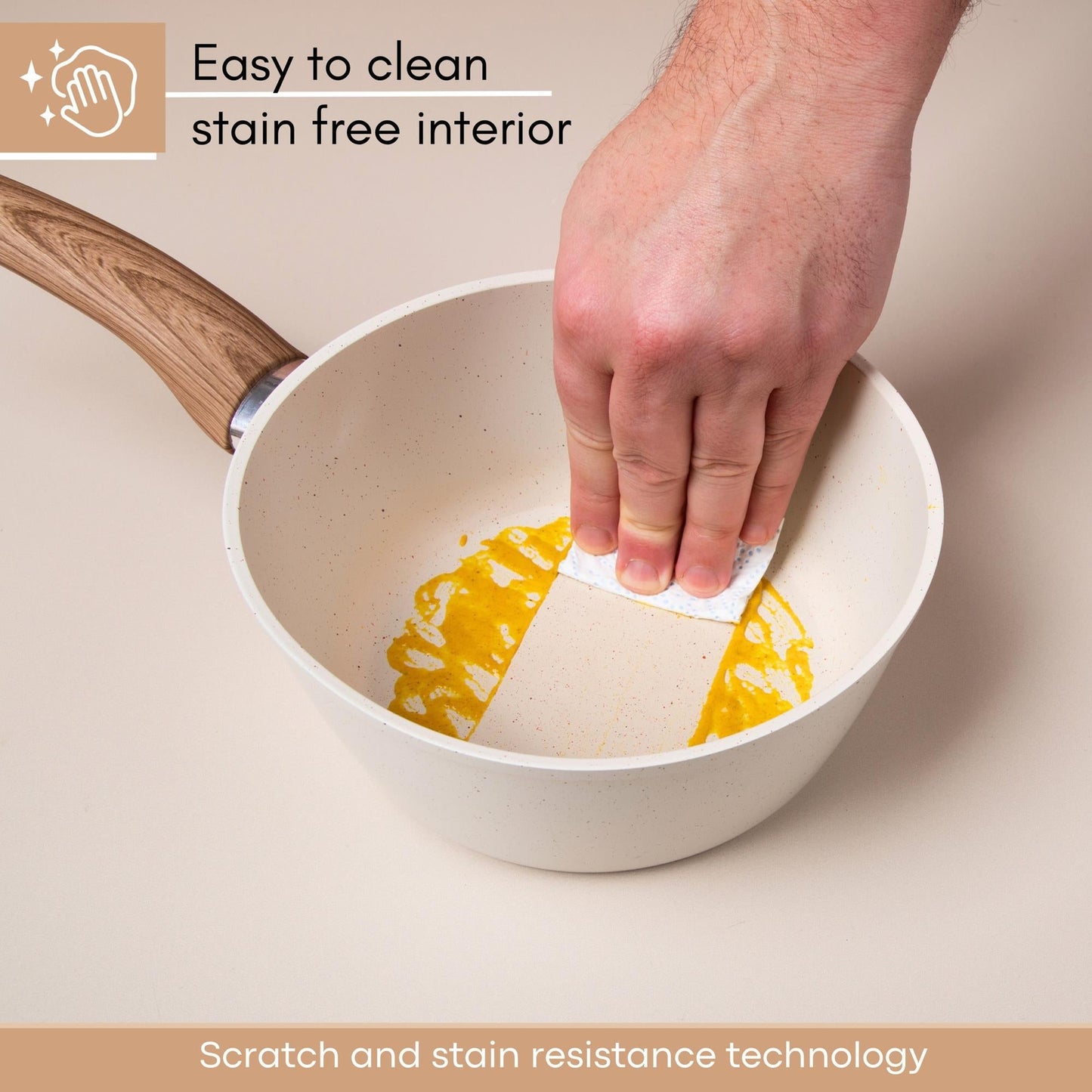 3-Piece Non-Stick Induction Saucepan Set – 16cm 18cm 20cm - Cream Granite