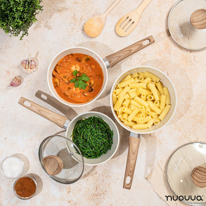 3-Piece Non-Stick Induction Saucepan Set – 16cm 18cm 20cm - Cream Granite