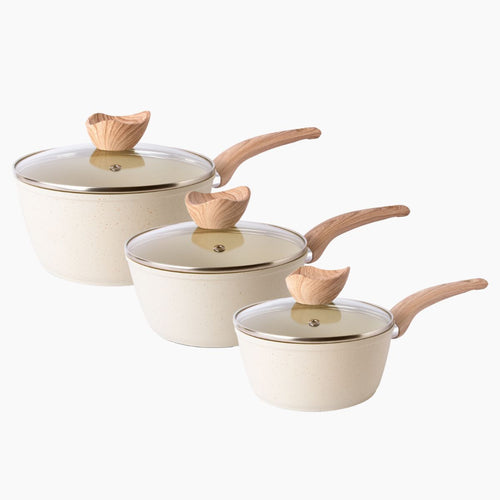 3-Piece Non-Stick Induction Saucepan Set – 16cm 18cm 20cm - Cream Granite