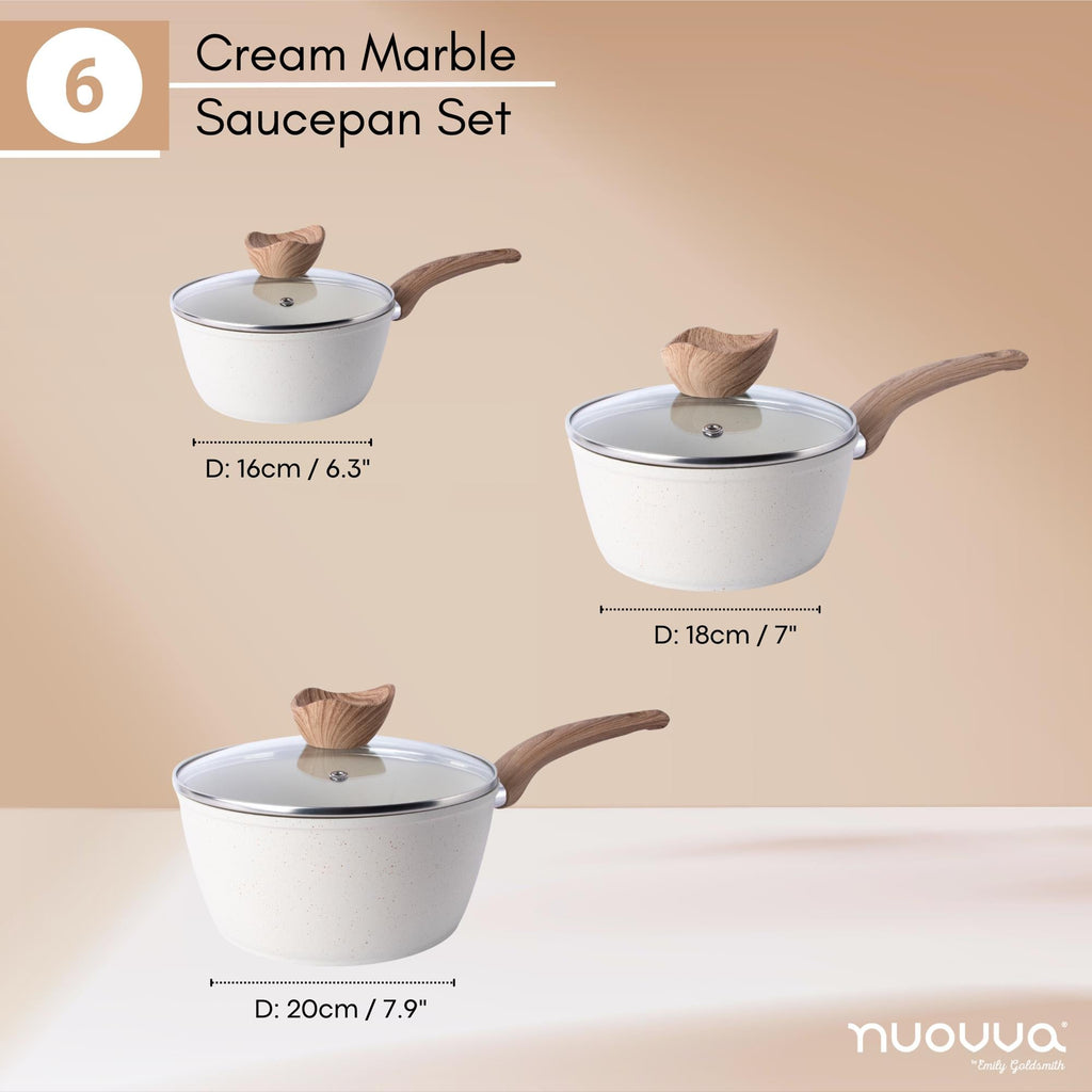 3-Piece Non-Stick Induction Saucepan Set – 16cm 18cm 20cm - Cream Granite