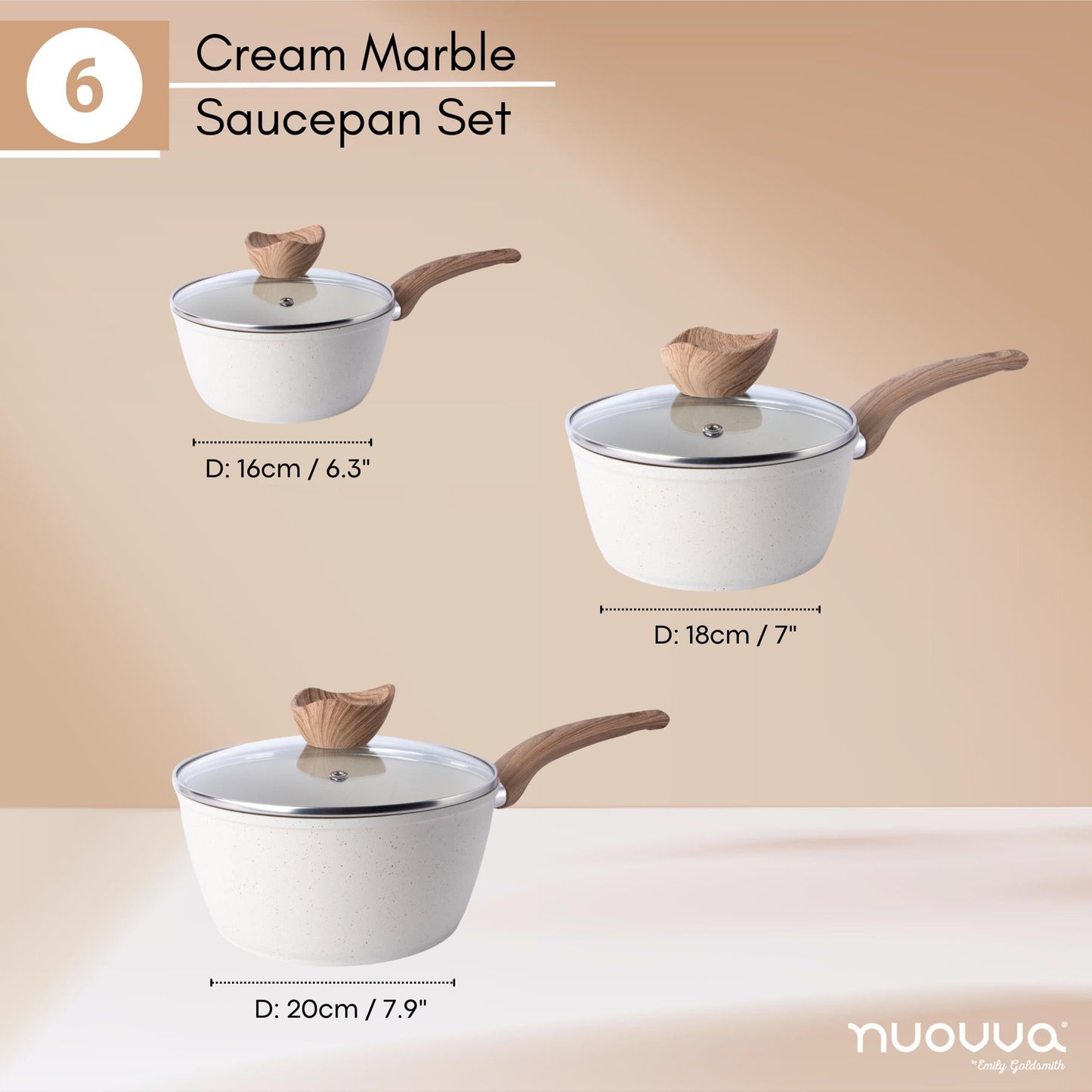 3-Piece Non-Stick Induction Saucepan Set – 16cm 18cm 20cm - Cream Granite