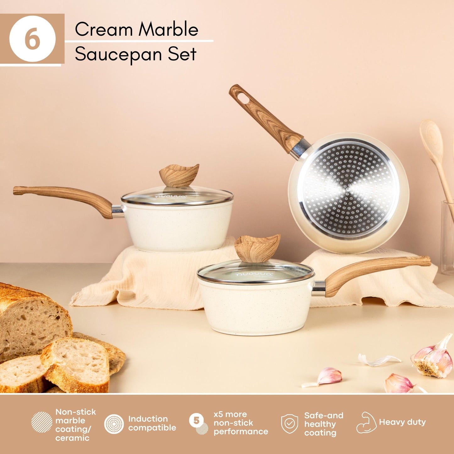 3-Piece Non-Stick Induction Saucepan Set – 16cm 18cm 20cm - Cream Granite