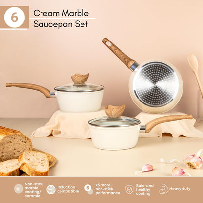 3-Piece Non-Stick Induction Saucepan Set – 16cm 18cm 20cm - Cream Granite