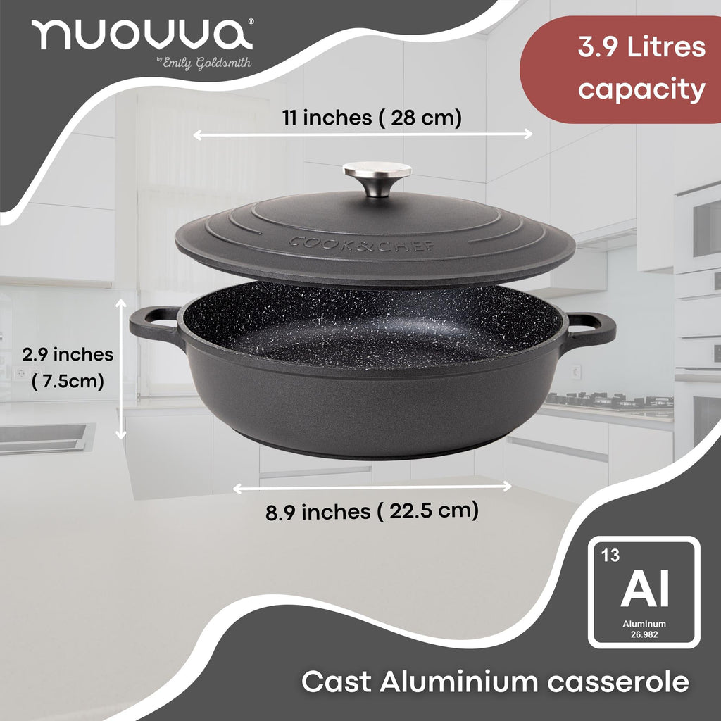 Aluminium Dutch Oven Pot with Lid & Ergonomic Handles Lightweight (3.9L, 22.5cm) Black
