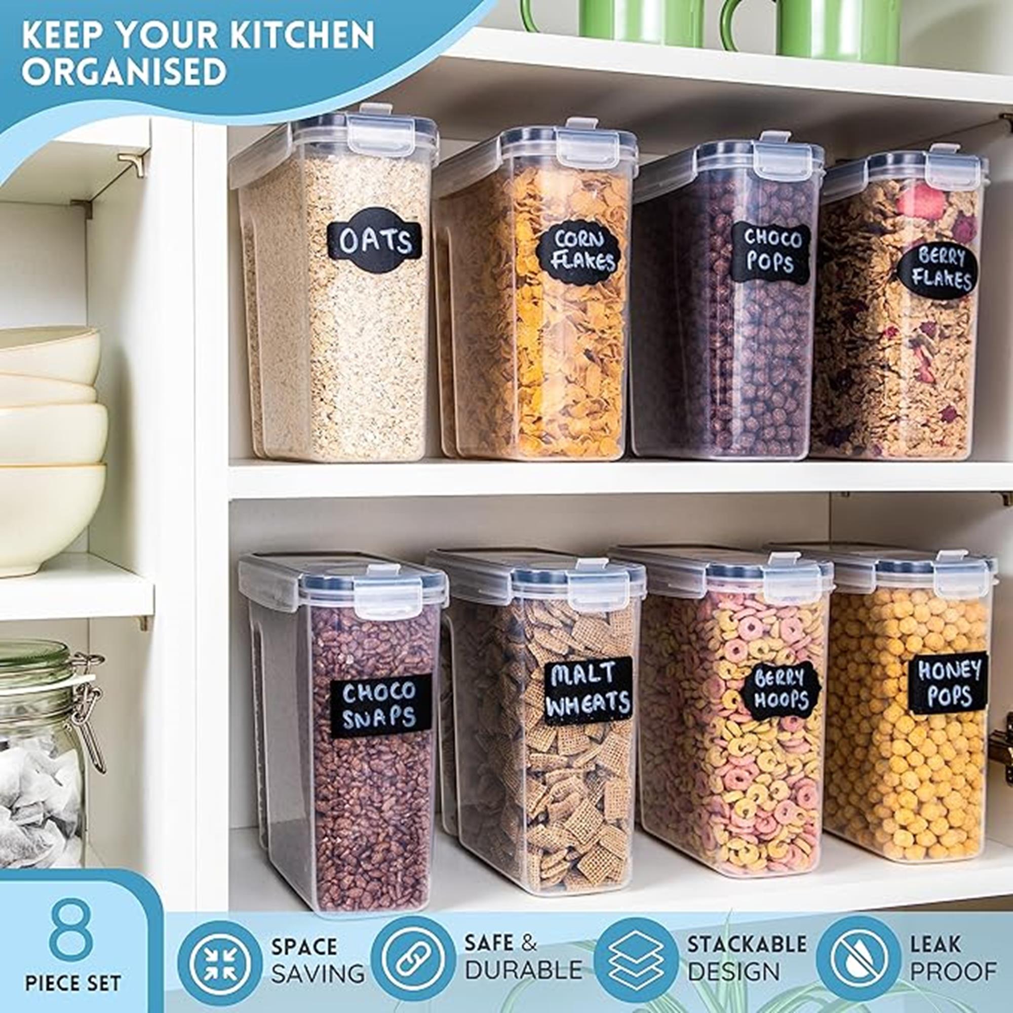 Airtight BPA-Free Cereal Food Storage Containers - 2.5L - Set Of 8