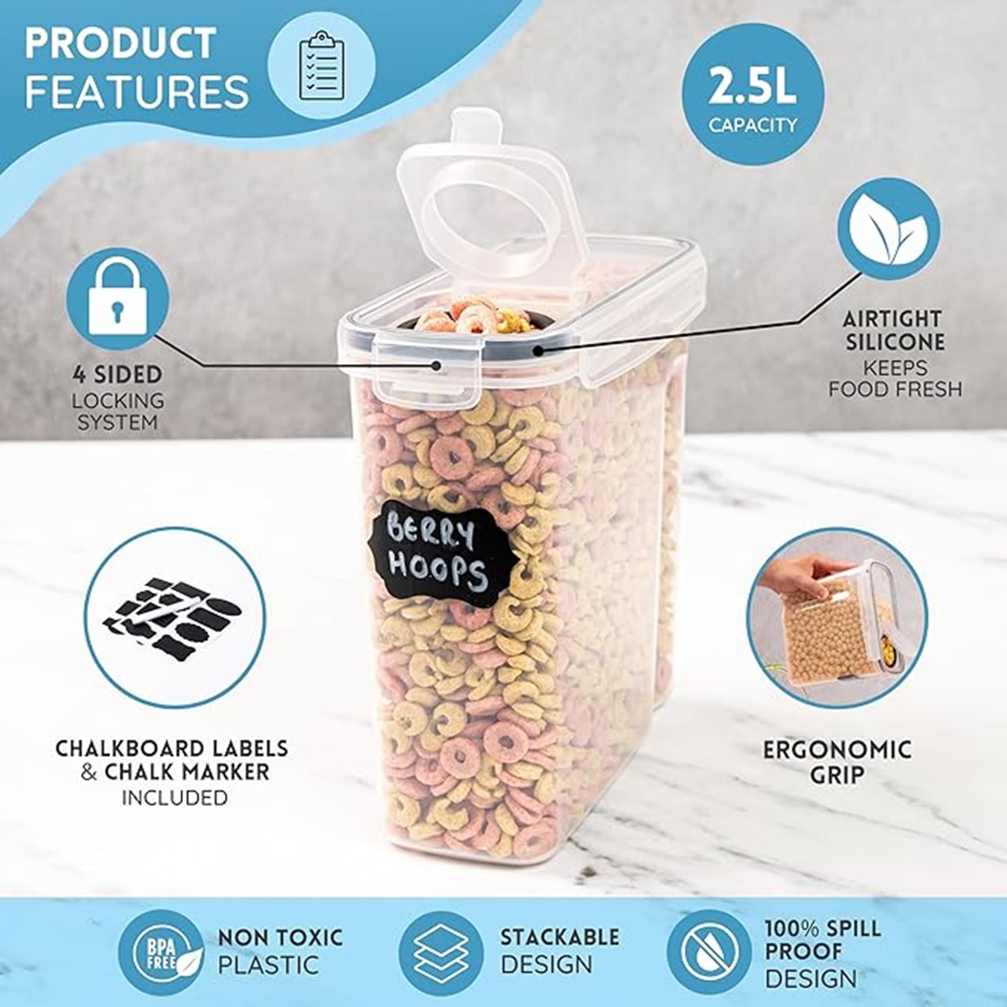 Airtight BPA-Free Cereal Food Storage Containers - 2.5L - Set Of 8