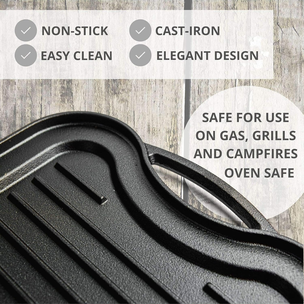 Double Sided Cast Iron Griddle Plate, 50x25cm