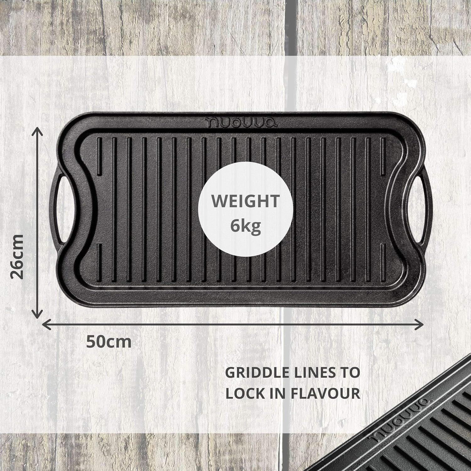 Double Sided Cast Iron Griddle Plate, 50x25cm