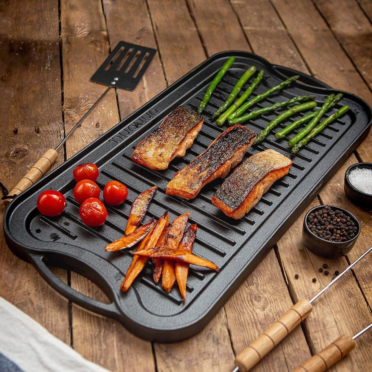 Double Sided Cast Iron Griddle Plate, 50x25cm