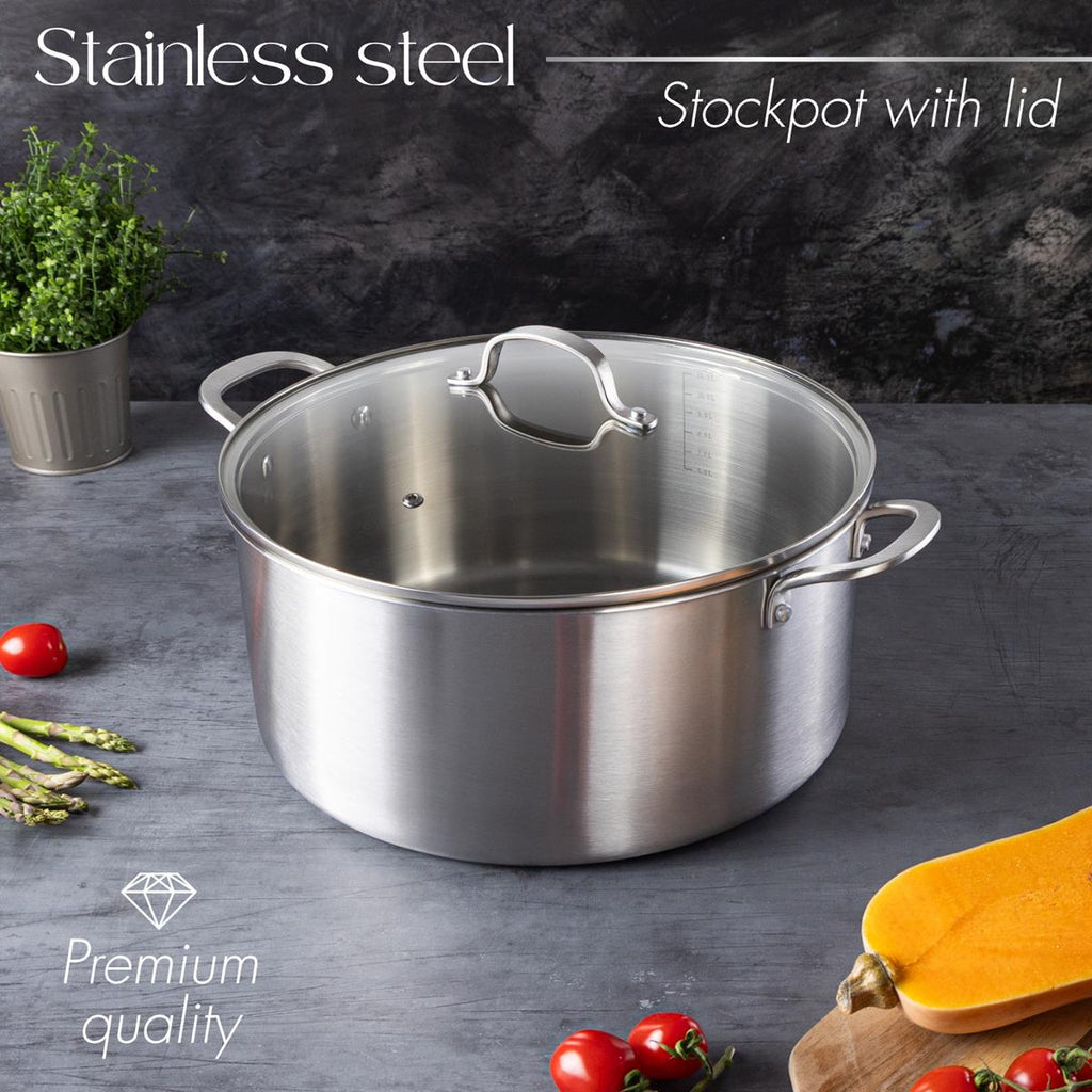 Stainless Steel Cooking Pot with Glass Lid – Induction & Oven Safe Stockpot - 11.8L- 32cm