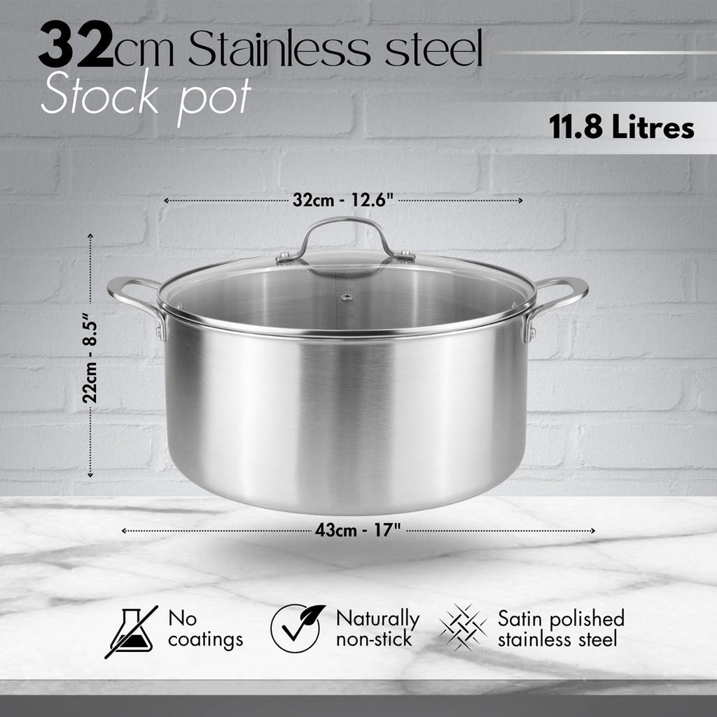 Stainless Steel Cooking Pot with Glass Lid – Induction & Oven Safe Stockpot - 11.8L- 32cm