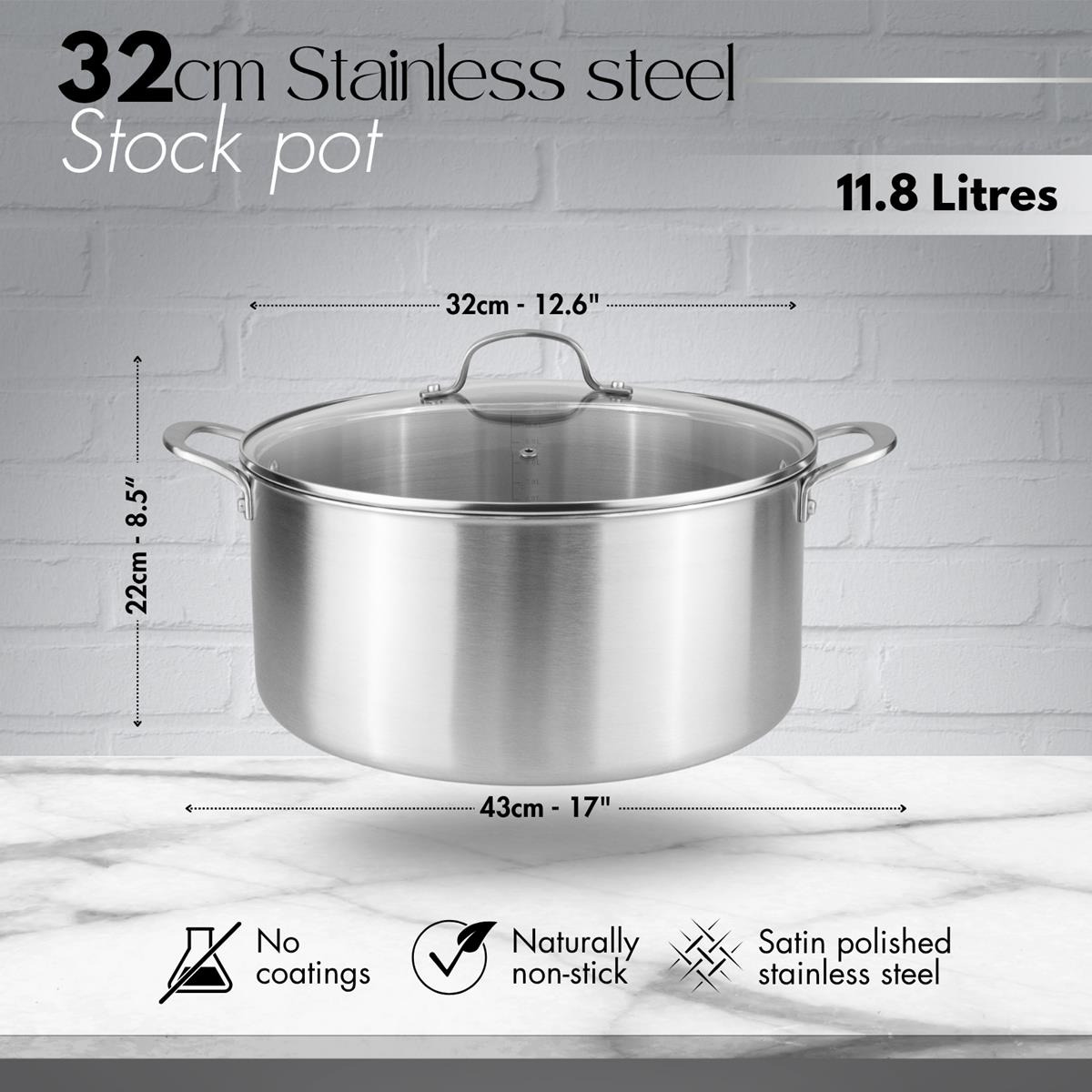 Stainless Steel Cooking Pot with Glass Lid – Induction & Oven Safe Stockpot - 11.8L- 32cm